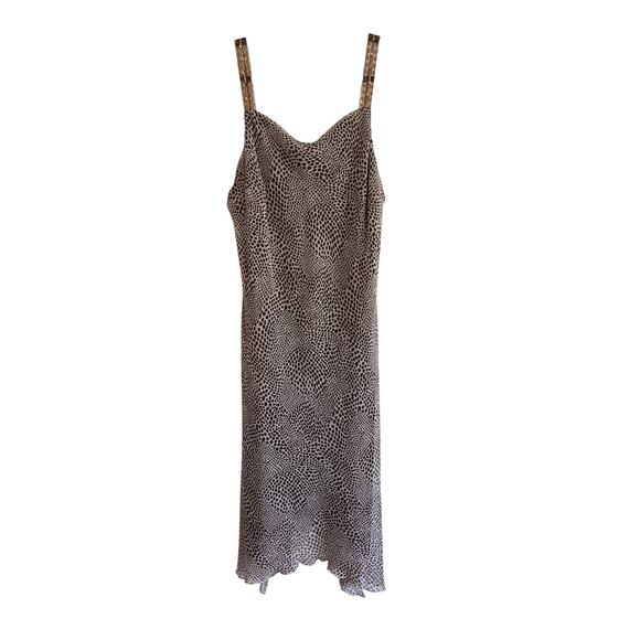 Vintage Believe Y2K Giraffe Polka Dot Brown Chiffon Midi Dress Sequin Straps 16 - Picture 1 of 4